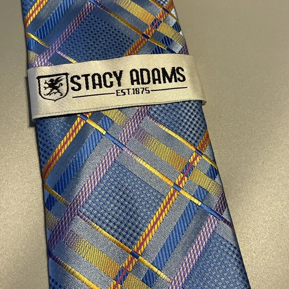 Mens Stacy Adams Neck Tie w Matching Pocket Square Blue Plaid Checked Geometric
